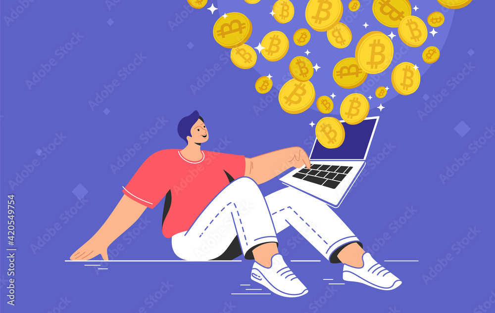 Young man sitting alone and buying or selling bitcoins on laptop. Flat modern concept vector illustration of people who buying and selling cryptocurrency and mining crypto coins on growing market Young man sitting alone and buying or selling bitcoins on laptop. Flat modern concept vector illustration of people who buying and selling cryptocurrency and mining crypto coins on growing market