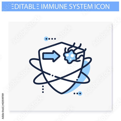 Cancer cells fight line icon. Anticancer treatment. Immunity strengthening concept. Immunology. Body defence system. Health care, disease prevention. Isolated vector illustration. Editable stroke 