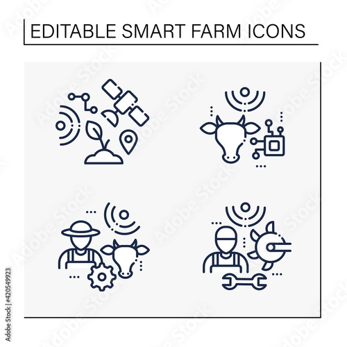 Smart farm line icons set. Consist of machinery technician, animal breeder, RFID animal identification.Agricultural innovation concepts.Isolated vector illustrations. Editable stroke