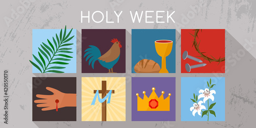Holy week banner with a rooster, communion, palm branches, a wreath of thorns, the cross of Jesus Christ and a lily.