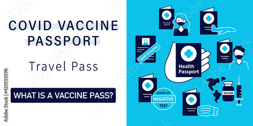 Health passport web banner.Template for landing, web page, layout. Necessary document.Information about health status. Covid passport collections.Vaccination card website interface idea with icons