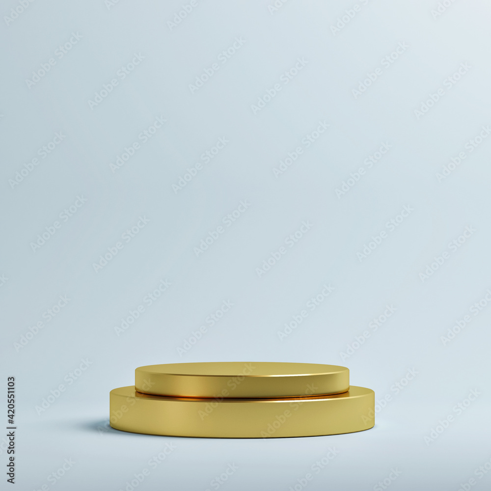 Golden podium for luxury product presentation, blue background, 3d render, 3d illustration