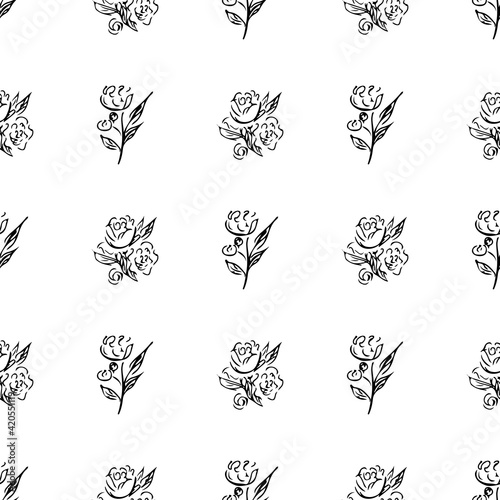 Doodle simple vector seamless pattern of hand-drawn peonies. Seamless random pattern of hand-drawn peonies. Isolated on white background.