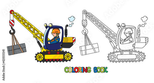 Mobile truck crane with a driver. Coloring book