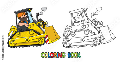 Construction worker in a bulldozer. Coloring book