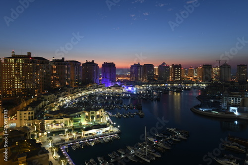 Beautiful Aerial View of Pearl Qatar. Roundabout Pearl Qatar at sunset time.  © hasan
