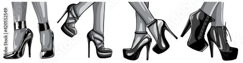 monochromatic Vector girls in high heels. Fashion illustration. Female legs in shoes. Cute design. Trendy picture in vogue style. Fashionable women. Stylish ladies.