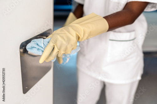 Cleaning Worker Disinfecting Hospital
