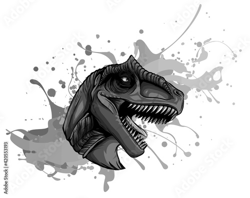 monochromatic vector illustration of a T Rex, Tyrannosaurus Rex dinosaur ripping through a wall photo