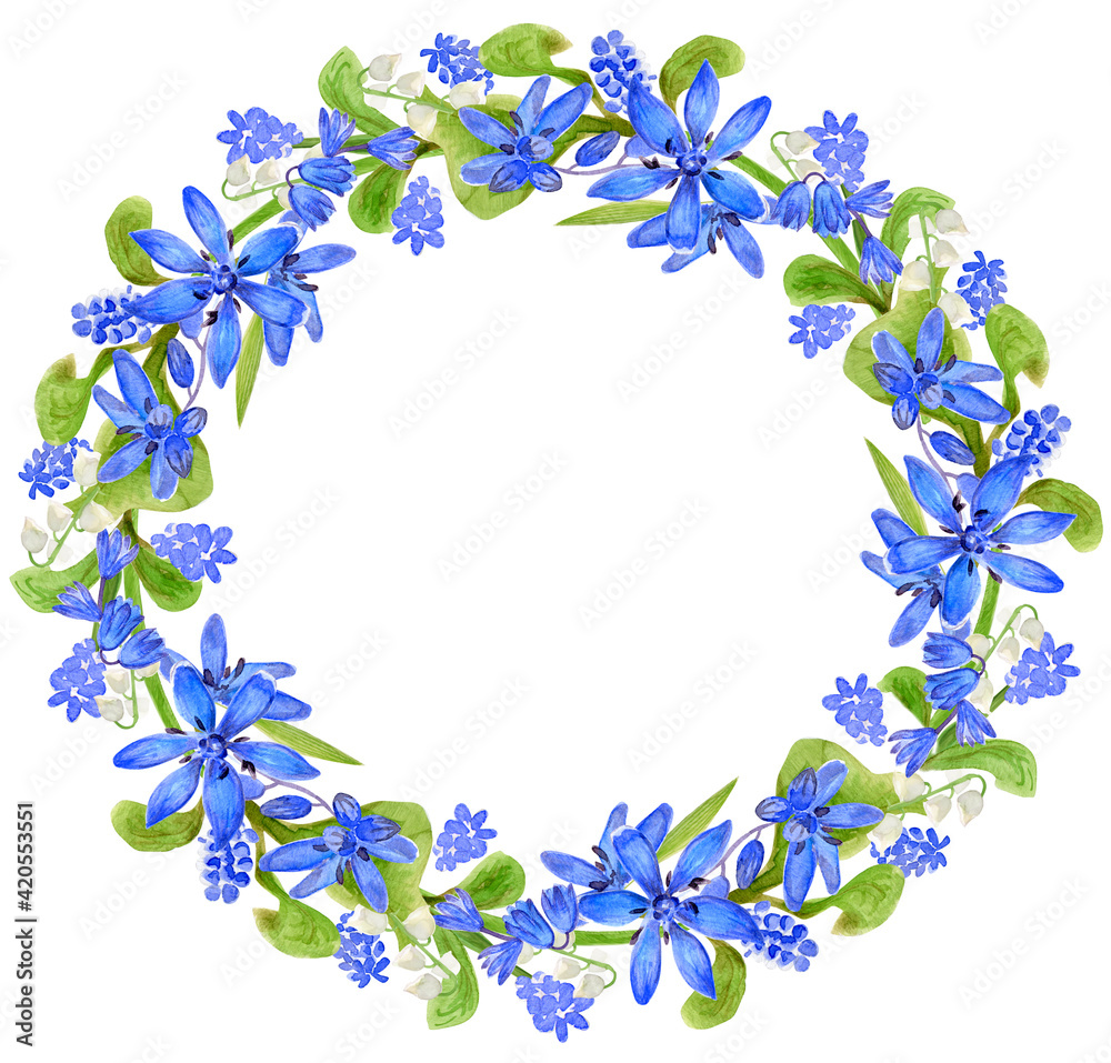 Wreath with blue Spring flowers, plants, leaves. Circle frame. Watercolor illustration.