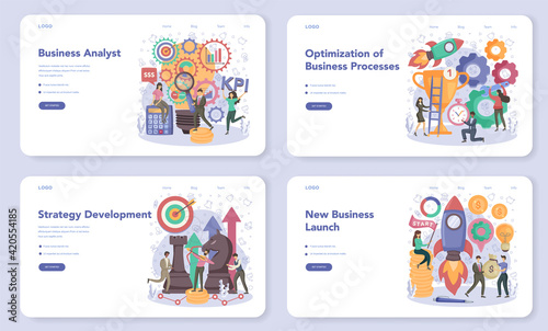Business analyst web banner or landing page set. Financial operation