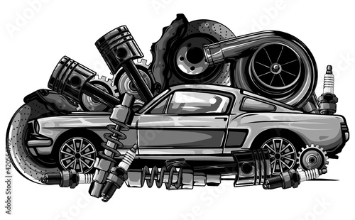 monochromatic Vintage car components collection witn automobile motor engine piston steering wheel tire headlights speedometer gearbox shock absorber isolated vector illustration