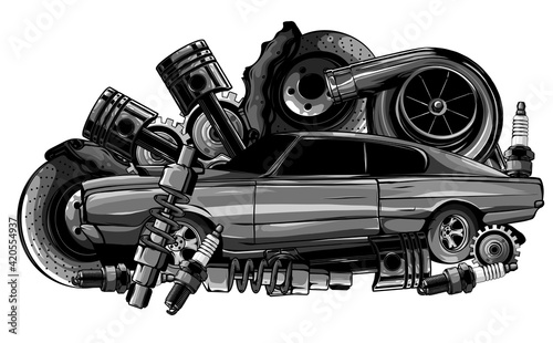 monochromatic Vintage car components collection witn automobile motor engine piston steering wheel tire headlights speedometer gearbox shock absorber isolated vector illustration