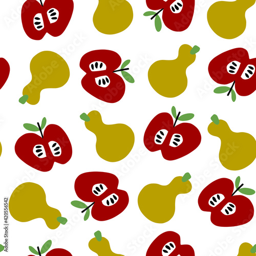 Scandinavian Folk Art Style Simple Modern Seamless Repeat Pattern Of Cute Pears and Apples in Muted Colors Red, Yellow, Green