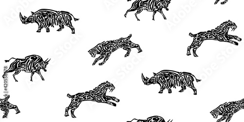 Seamless pattern of wild extinct animal vector illustration painted by ink, endless grunge painting of rhino, sabre-toothed tiger and bison. Black isolated ornate silhouette on white background