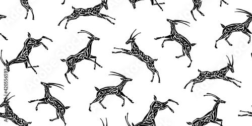Seamless pattern of antelope animal  vector illustration painted by ink, hand drawn grunge cave deer painting, endless black isolated silhouette on white background