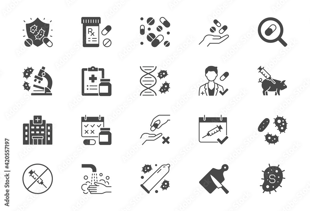 Antibiotic resistance flat icons. Vector illustration include glyph icon pills, bacteria, genetics, injection, immunization calendar silhouette pictogram for medication