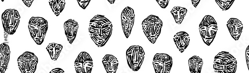 Engraved ancient stone masks seamless pattern. Endless hand drawn human face prints graphic vector illustration, black isolated on white background painted by ink