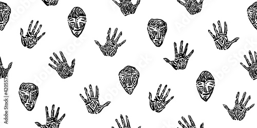 Engraved ancient handprint and mask seamless pattern. Endless hand drawn human palm prints and human face graphic vector illustration, black isolated on white background painted by ink