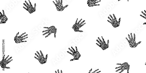 Engraved ancient handprint seamless pattern. Endless hand drawn human palm prints graphic vector illustration, black isolated on white background painted by ink
