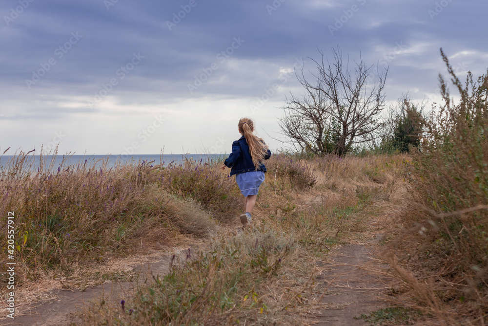 Adorable little girl in denim jacket back view on a hill with sea landscape view. Stylish child with long blonde hair on countryside cloudy sky background. Outdoor walking rural road trip faceless.