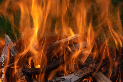 Spurts of flame in the brazier. Bonfire and red flames. The black coals.