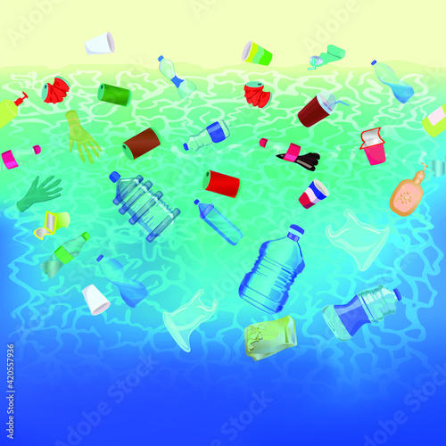 Plastic debris floating in the water. Plastic waste pollutes the ocean. Plastic bottles, bags and glasses. 