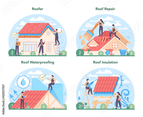 Roof construction worker set. Building fixing and house renovation.