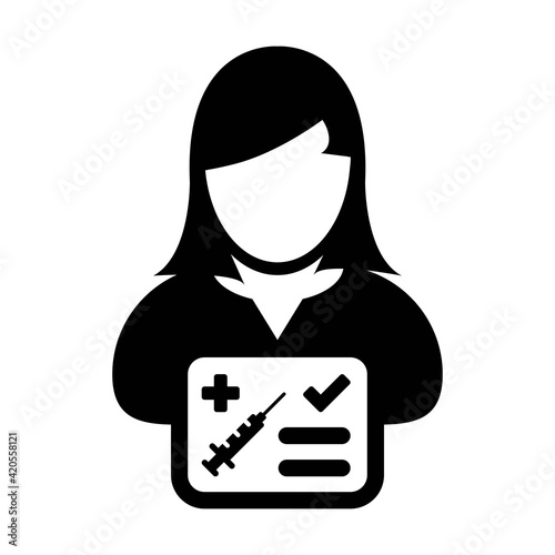 Vaccine card icon vector with female user person profile avatar symbol for medical and healthcare certificate in a glyph pictogram illustration