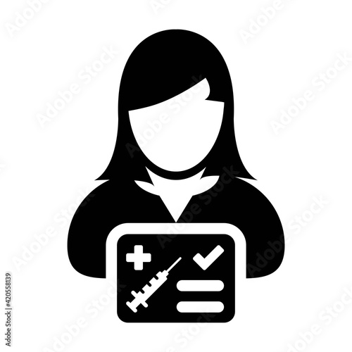 Vaccine card icon vector with female user person profile avatar symbol for medical and healthcare certificate in a glyph pictogram illustration