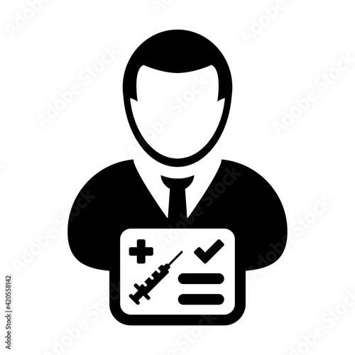Vaccination card icon vector with male user person profile avatar symbol for medical and healthcare certificate in a glyph pictogram illustration