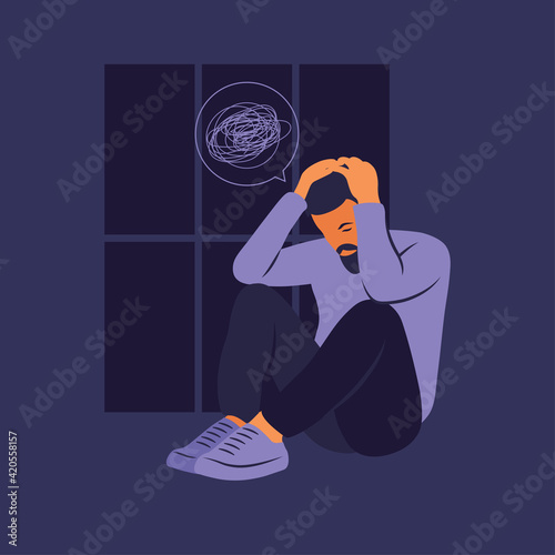 Depressed sad man thinking over problems. Bankruptcy, loss, crisis, trouble concept.