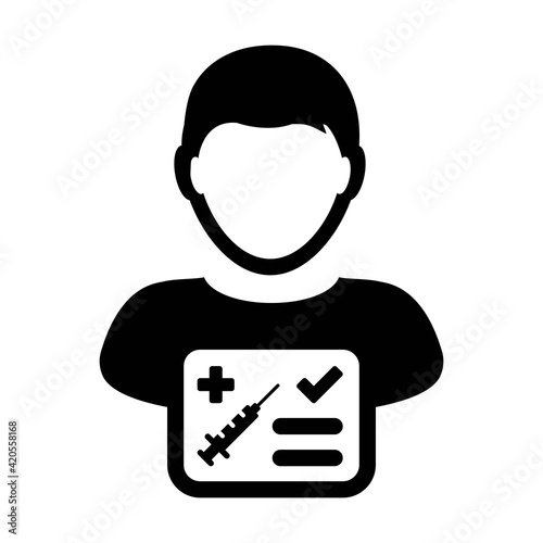 Vaccine passport icon vector with male user person profile avatar symbol for medical and healthcare certificate in a glyph pictogram illustration