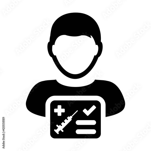 Vaccine passport icon vector with male user person profile avatar symbol for medical and healthcare certificate in a glyph pictogram illustration