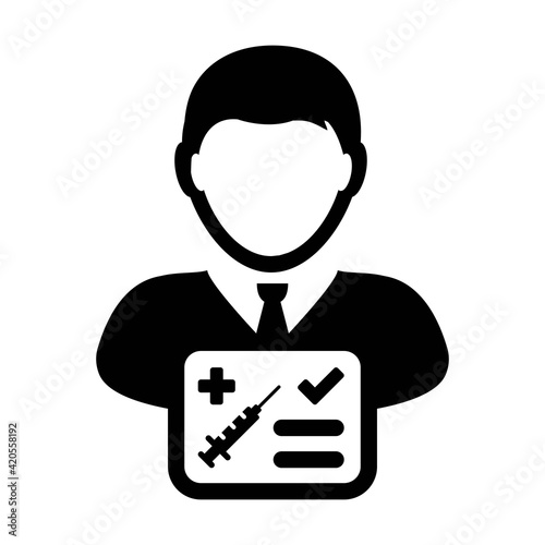 Vaccination passport icon vector with male user person profile avatar symbol for medical and healthcare certificate in a glyph pictogram illustration