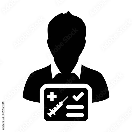 Vaccine passport icon vector with male user person profile avatar symbol for medical and healthcare certificate in a glyph pictogram illustration
