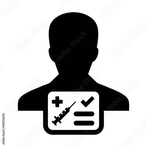 Vaccine card icon vector with male user person profile avatar symbol for medical and healthcare certificate in a glyph pictogram illustration