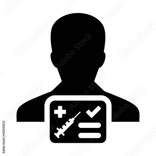 Vaccine card icon vector with male user person profile avatar symbol for medical and healthcare certificate in a glyph pictogram illustration