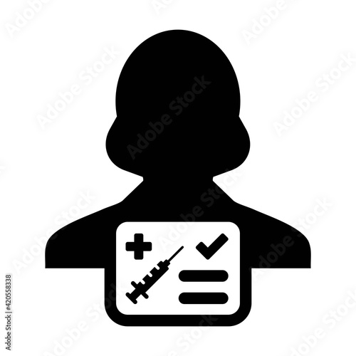 Vaccine report card icon vector with female user person profile avatar symbol for medical and healthcare certificate in a glyph pictogram illustration