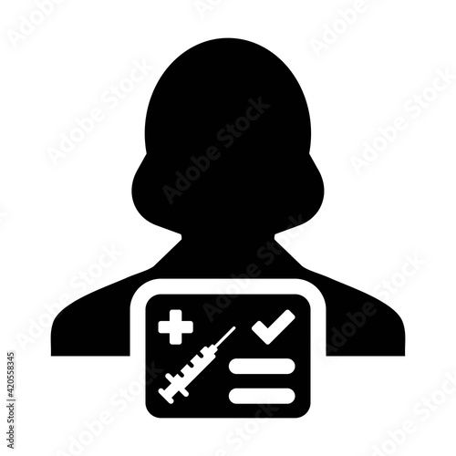 Vaccine report card icon vector with female user person profile avatar symbol for medical and healthcare certificate in a glyph pictogram illustration