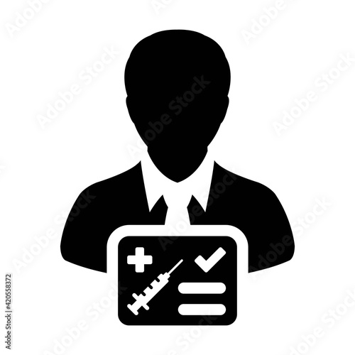 Vaccine passport icon vector with male user person profile avatar symbol for medical and healthcare certificate in a glyph pictogram illustration