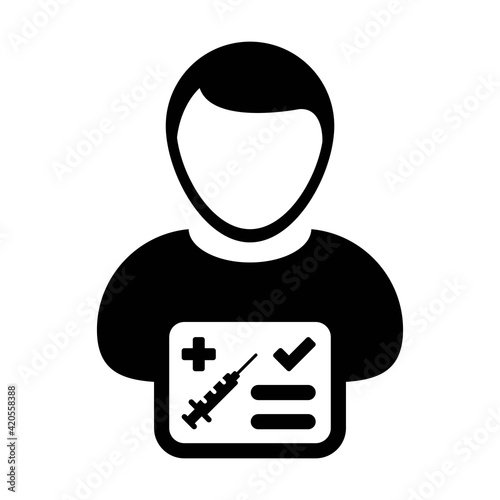 Vaccination passport icon vector with male user person profile avatar symbol for medical and healthcare certificate in a glyph pictogram illustration