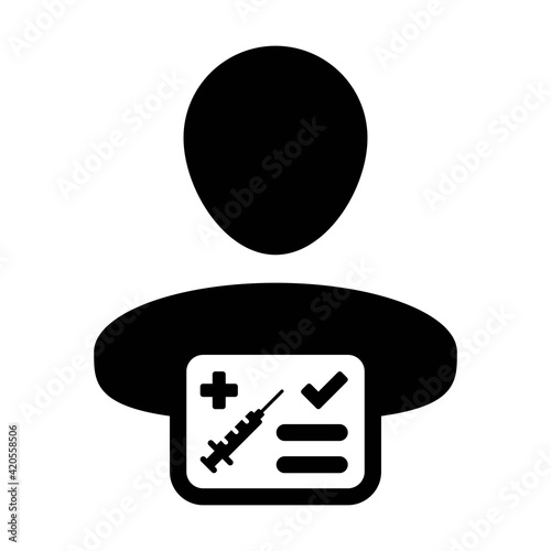 Vaccine passport icon vector with male user person profile avatar symbol for medical and healthcare certificate in a glyph pictogram illustration