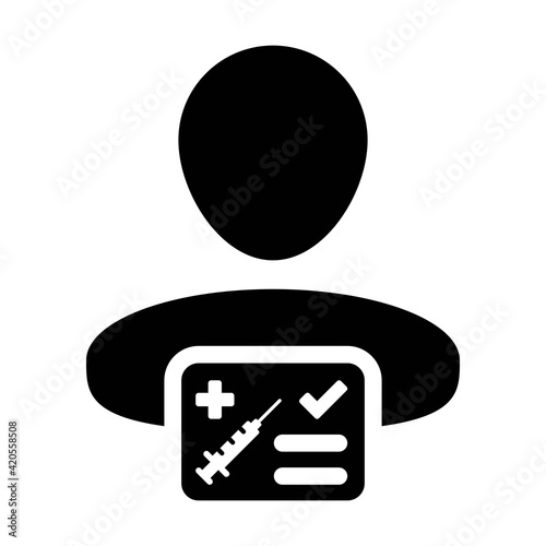 Vaccine passport icon vector with male user person profile avatar symbol for medical and healthcare certificate in a glyph pictogram illustration