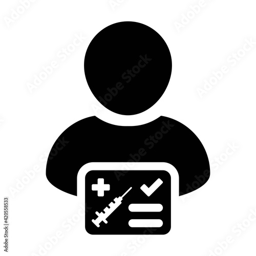 Vaccine card icon vector with male user person profile avatar symbol for medical and healthcare certificate in a glyph pictogram illustration