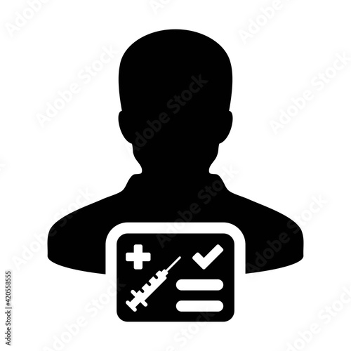 Vaccination card icon vector with male user person profile avatar symbol for medical and healthcare certificate in a glyph pictogram illustration