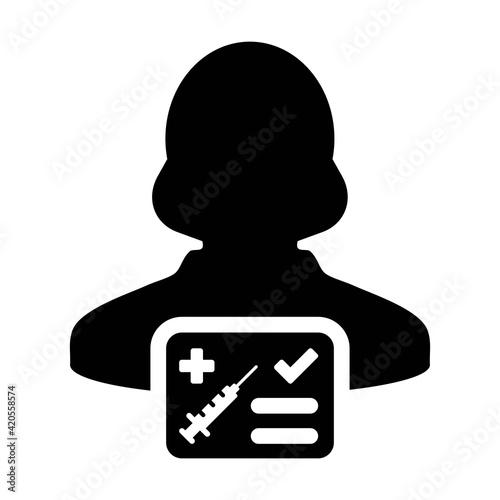 Vaccine card icon vector with female user person profile avatar symbol for medical and healthcare certificate in a glyph pictogram illustration