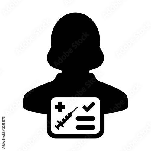 Vaccine card icon vector with female user person profile avatar symbol for medical and healthcare certificate in a glyph pictogram illustration