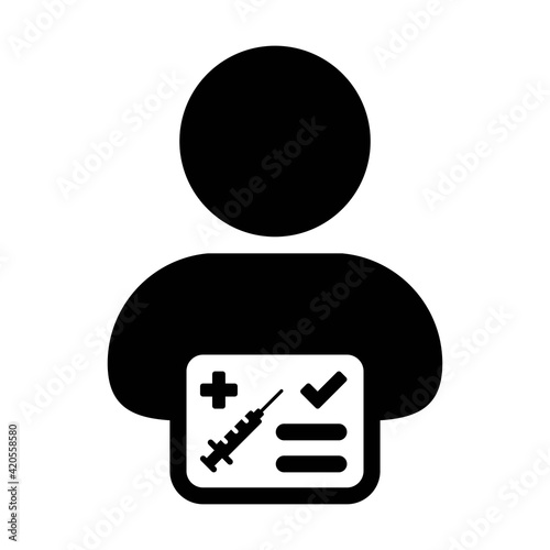 Vaccine report card icon vector with male user person profile avatar symbol for medical and healthcare certificate in a glyph pictogram illustration