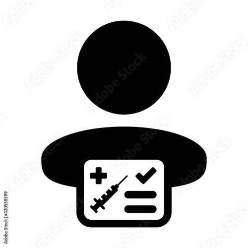Vaccination report card icon vector with male user person profile avatar symbol for medical and healthcare certificate in a glyph pictogram illustration